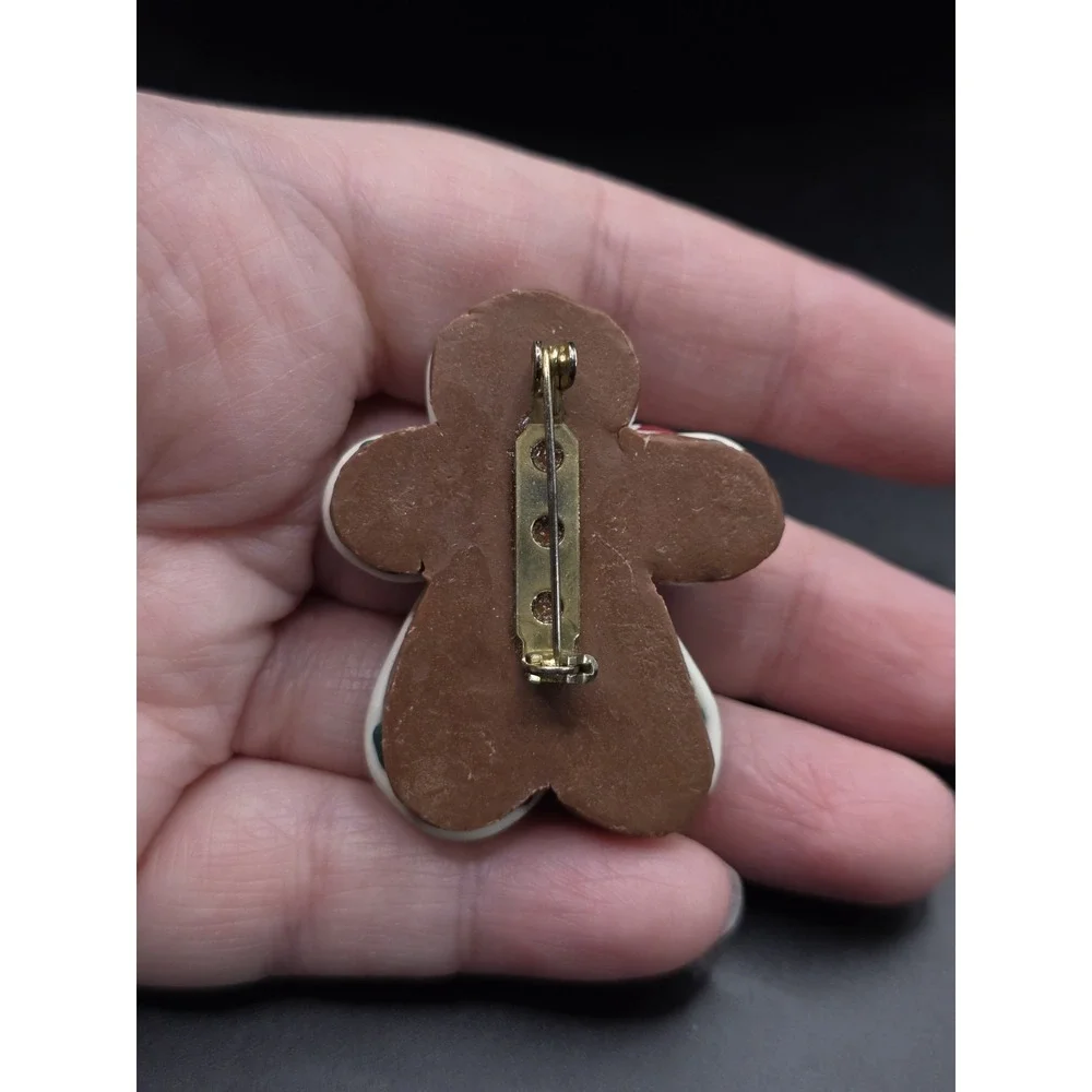 Polymer Clay Gingerbread Man W/ Candy Cane Brooch Pin